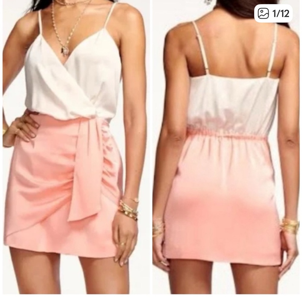 Ramy Brook Polly Satin Cream and Pink mini faux wrap Dress XS NWT